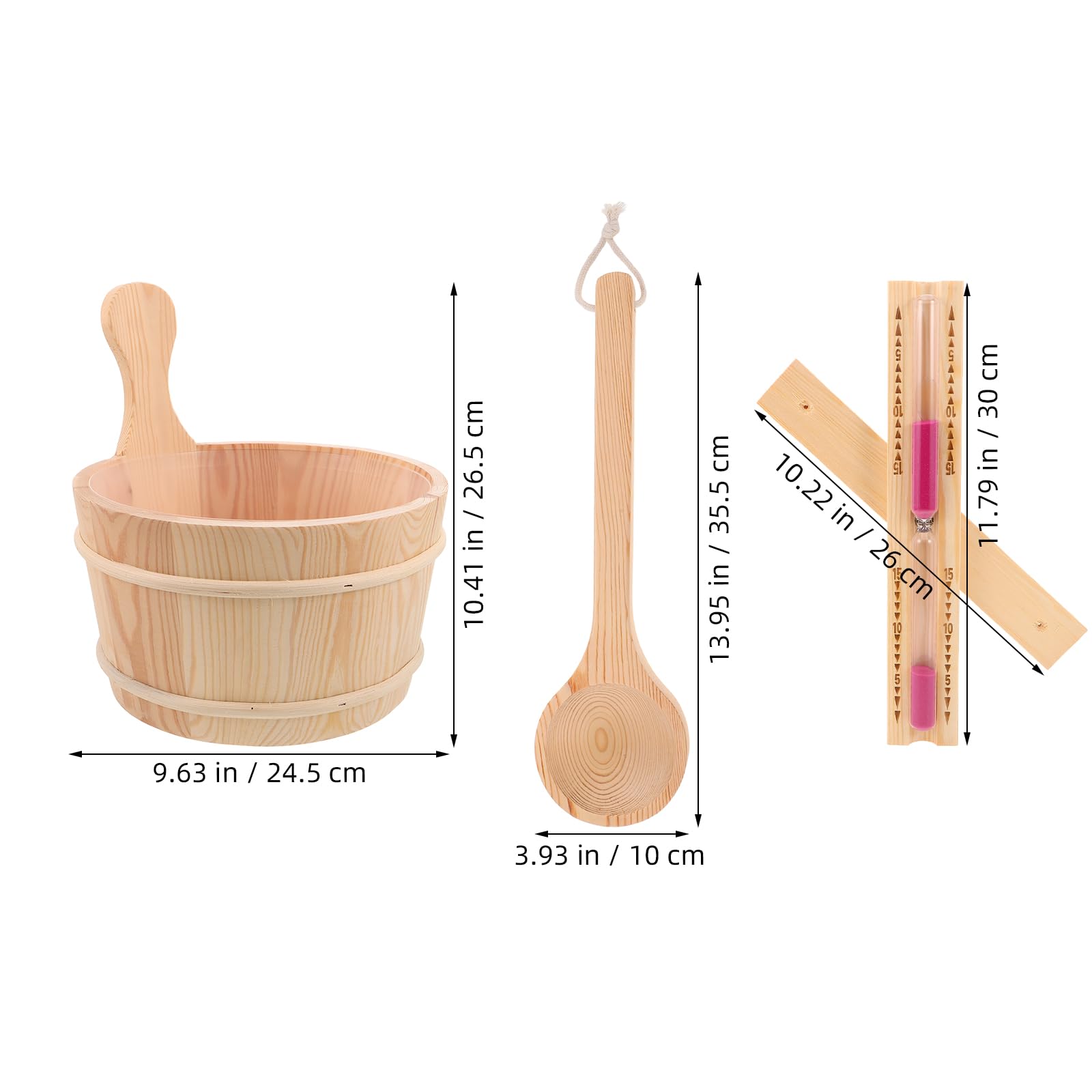 Yardenfun Drewniane Wiadro Do Sauny z Łyżką i Zegarem Piaskowym Ergonomiczne Akcesoria Do Domowej Sauny Łaźni Parowej i Ogrodowego Spa Sztuk