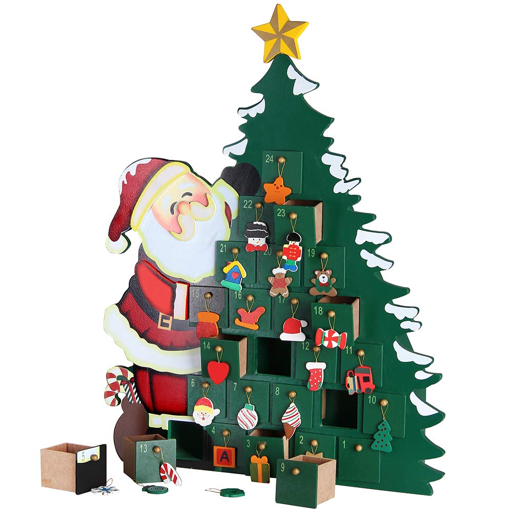 Bakaji - Calendario de Adviento de Navidad hecho de madera con 24 casillas numeradas para sorpresas, decoración navideña, hogar (Papá Noel con árbol)