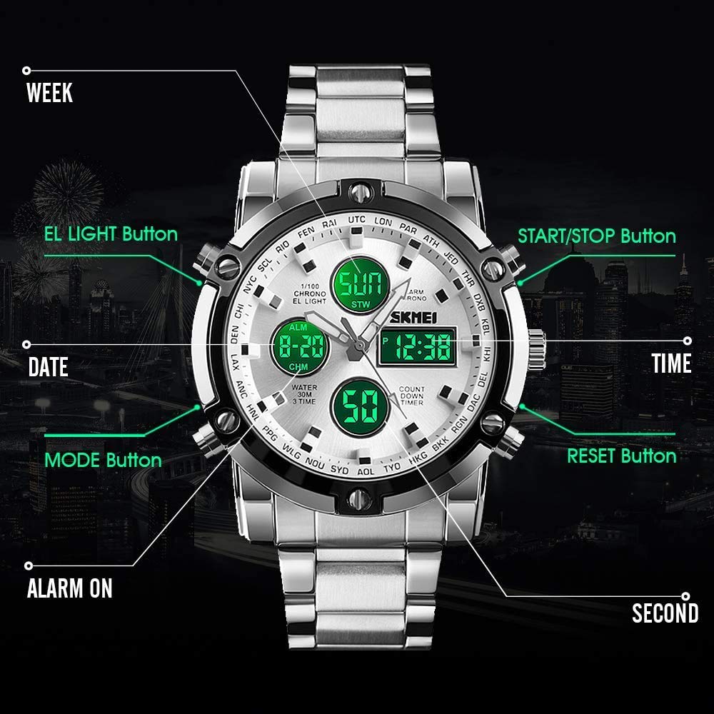 MASTOP Reloj de pulsera analógico digital de acero inoxidable de lujo, resistente al agua hasta 50 m, doble pantalla, doble hora, cuarzo, multifuncional, con cronómetro, alarma, retroiluminación LED