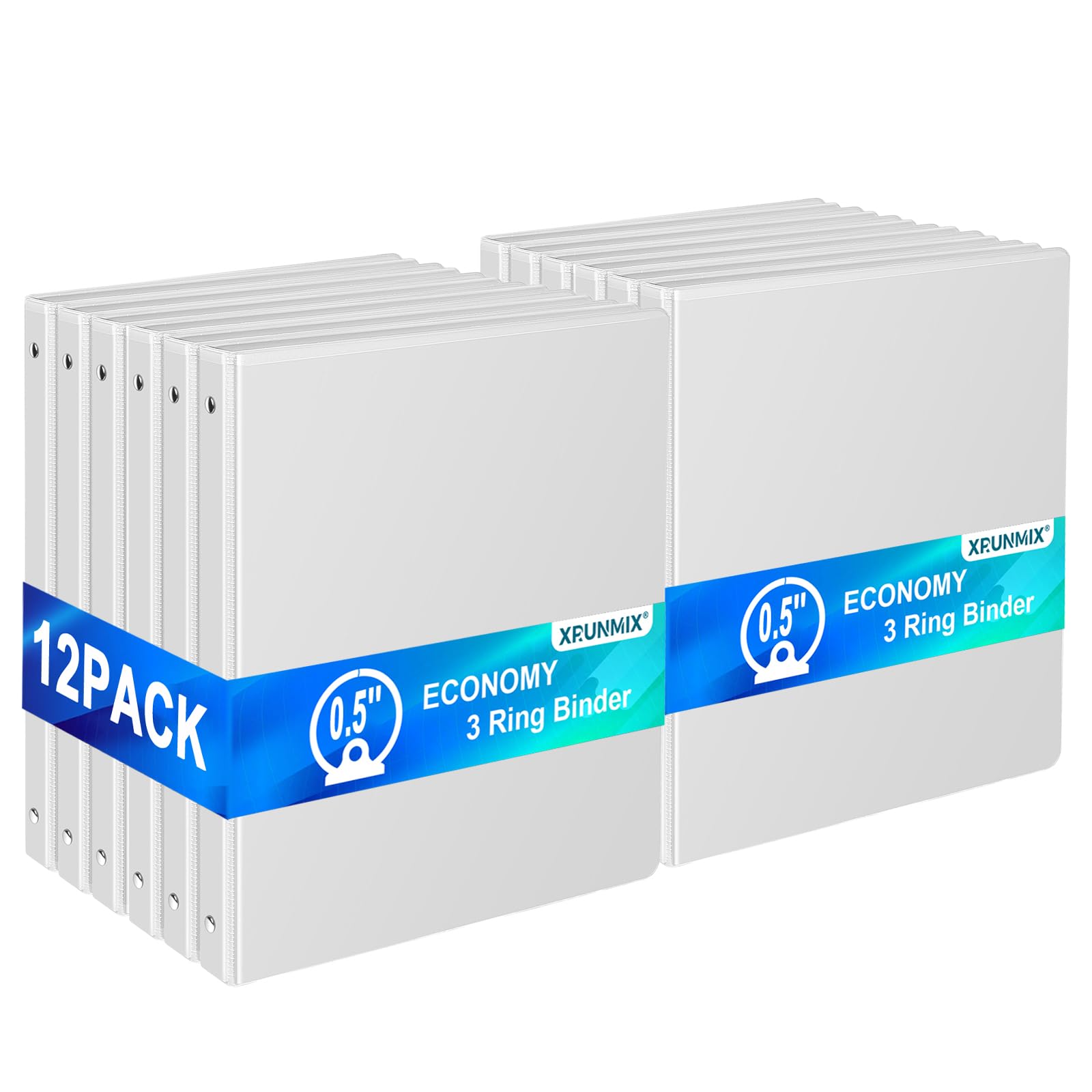 Lot de 12 classeurs économiques à 3 anneaux de 1,3 cm, anneaux ronds de 1,27 cm, capacité de 100 feuilles, vue de présentation ClearVue, antiadhésifs, lot de 12 (blanc)
