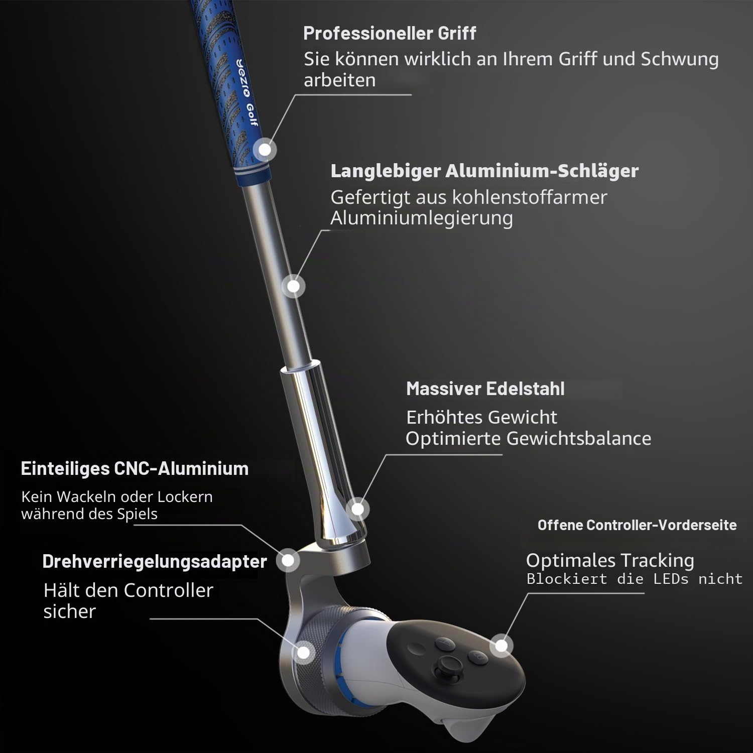 YEZRO Y14 Golfschläger-Aufsatz für Meta Quest 3/Quest 3S, 52,1 cm gewichteter VR-Golfschlägergriff, Zubehör für Golf + – Aluminium einteilige Konstruktion, echter Griff, keine Schrauben – für rechten