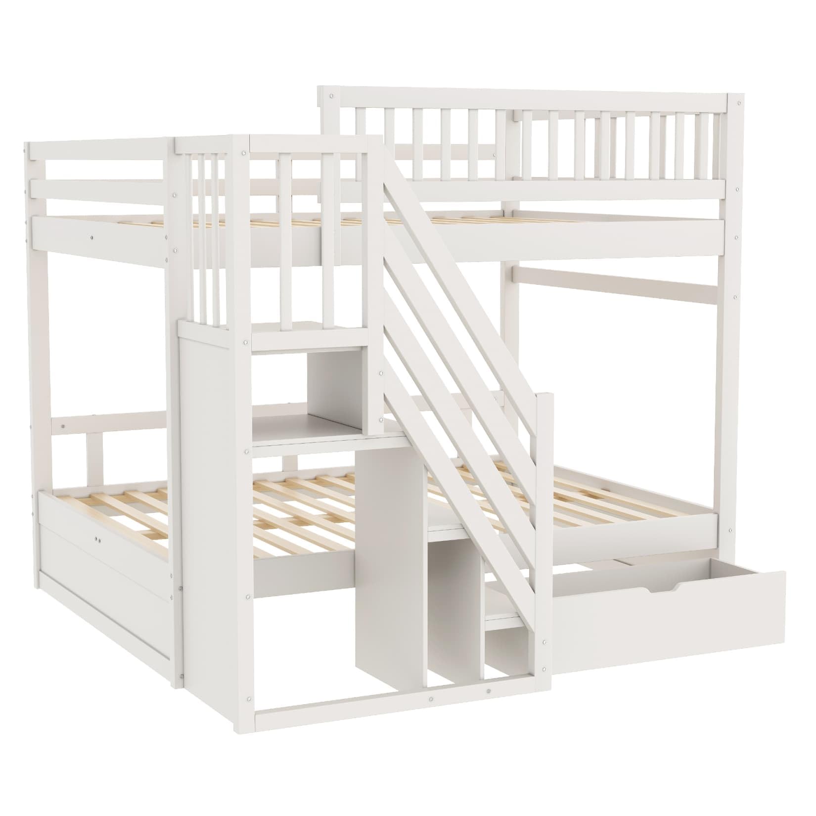 Lit Superposé Enfant 140x200cm,Lit Superposé 2 Places avec Tiroir,Escalier de Rangement,Barrière Haut,Cadre en Bois Massif,Sommier à Lattes Solide,pour Enfants Ados(Blanc 1, 140x200)
