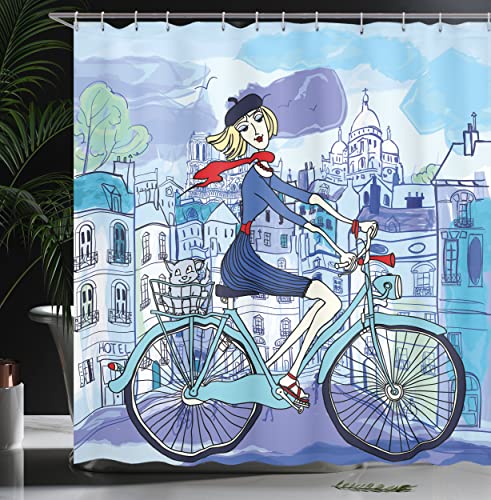 ABAKUHAUS Paris Shower Curtain, Young Woman French Hat and Funny Cat on Bicycle in French Street Watercolor - Image 3