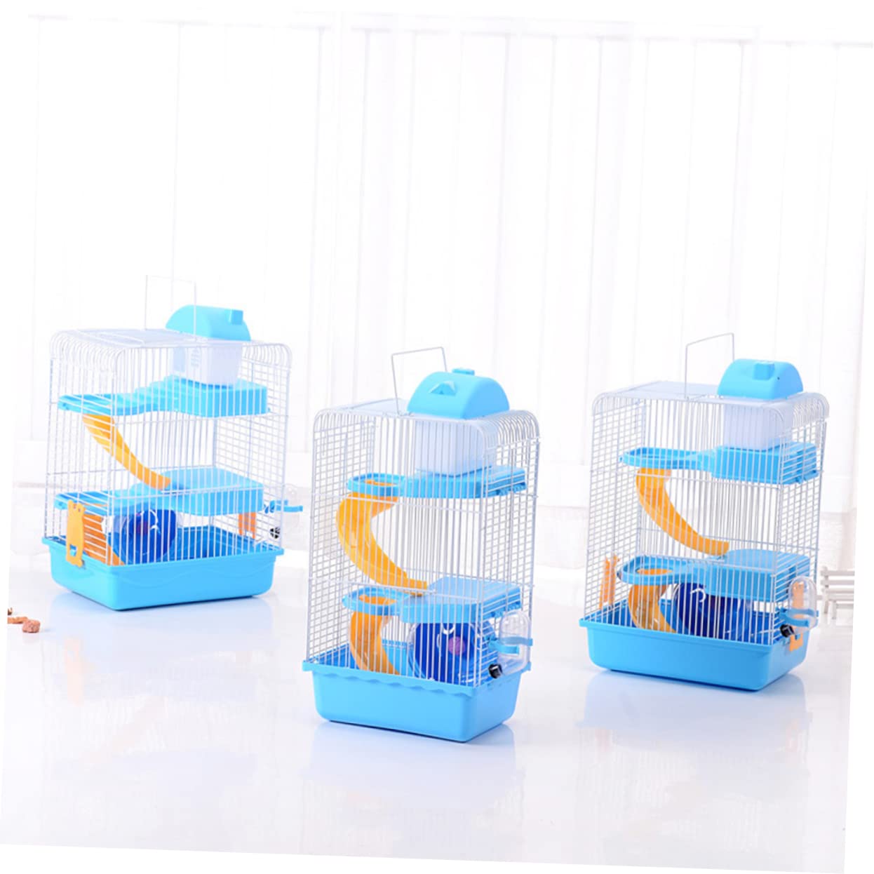 Gabbia per Criceti a Tre Livelli Ruota e Beverino Blu | Pp e Filo di Ferro, Struttura a Scivolo Multilivello, 23×17×45cm per Cincillà e Piccoli Animali