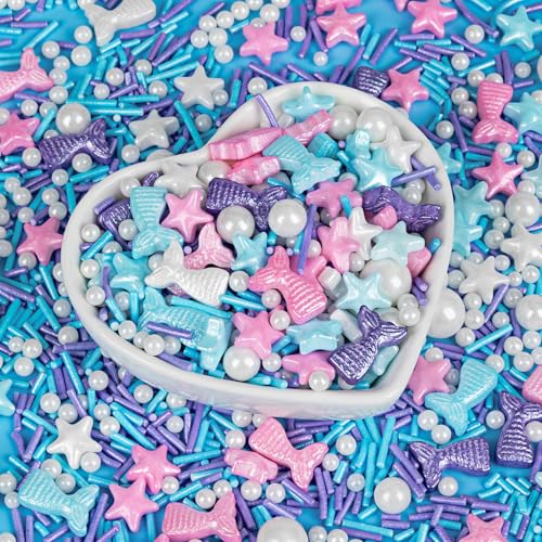Image of Edible Mermaid Sprinkles,130g /4.58oz,Sugar Pearl Stars Jimmies Mix,Pearl Candy Ocean Sprinkles,Summer Baking Cake Fun Decorations,Perfect for Ice Cream,Cookies,Dessert,Cupcake Topper,Birthday Children's Anime Theme Party Supplies
