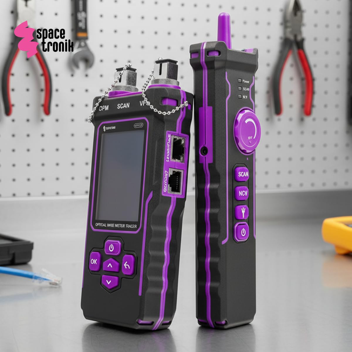 Spacetronik Tester de Cables de Red PoE Multifunción - Prueba de Fibra Óptica, Tester PoE con Detector NCV y Linterna LED - Medición Longitud de Cables CAT5/CAT6 hasta 200m, USB-C, Port-Flash
