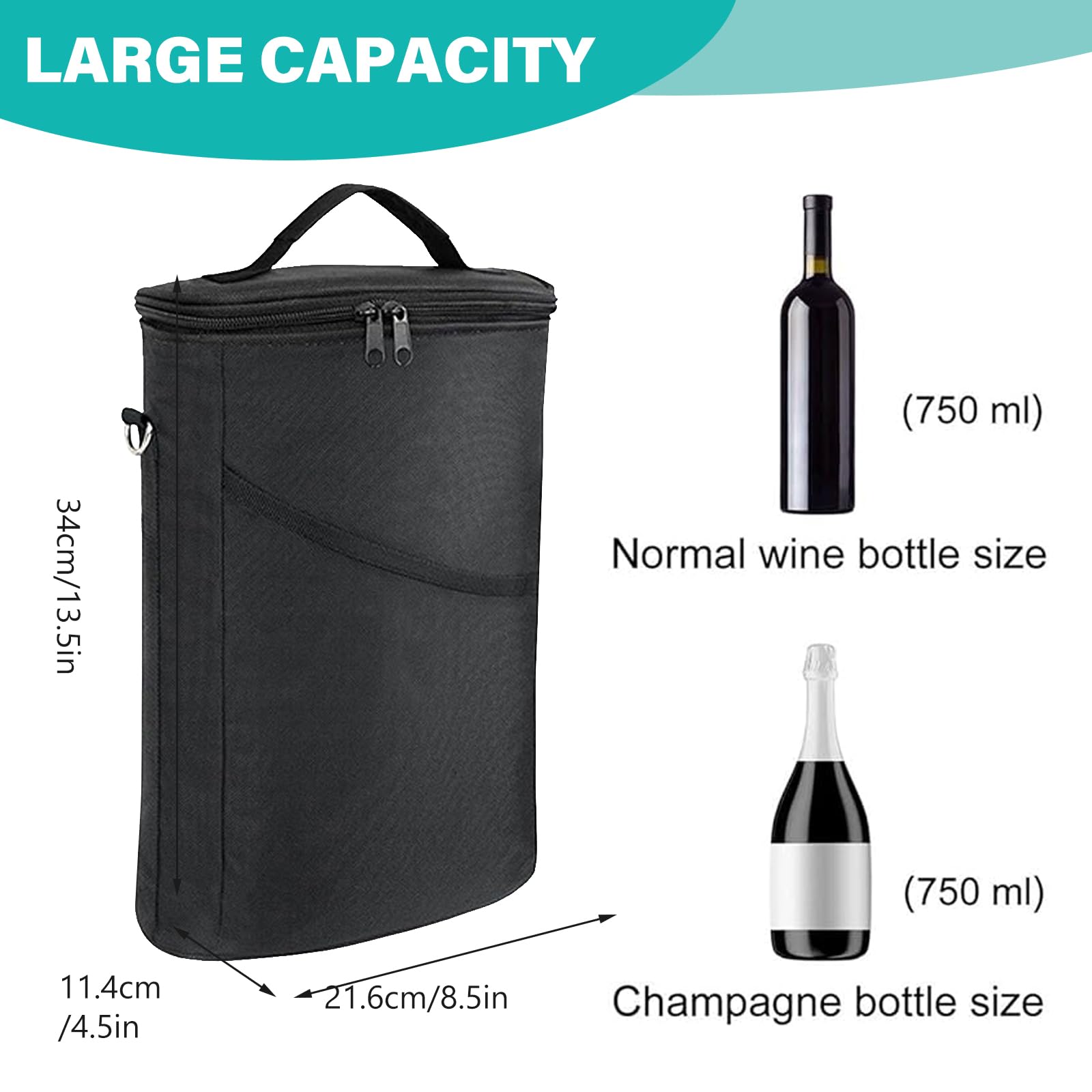 Borsa termica per vino, borsa per bottiglie, borsa frigo, borsa termica per vino, borsa termica isolata, borsa termica per vino portatile con cinghia, per 2 bottiglie di vino, bicchiere da vino