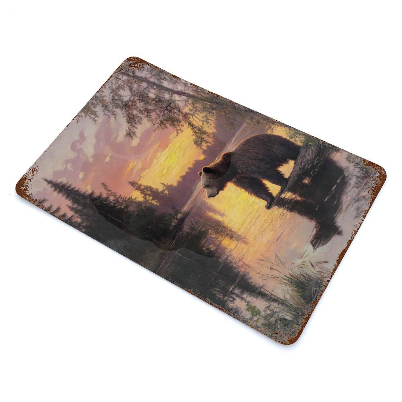 Rust Effect Bear at Sunset Distressed Metal Wall Sign 11.8"x7.9", Decorative Metal Wall Art for Living Room, Hallway And Home Decor