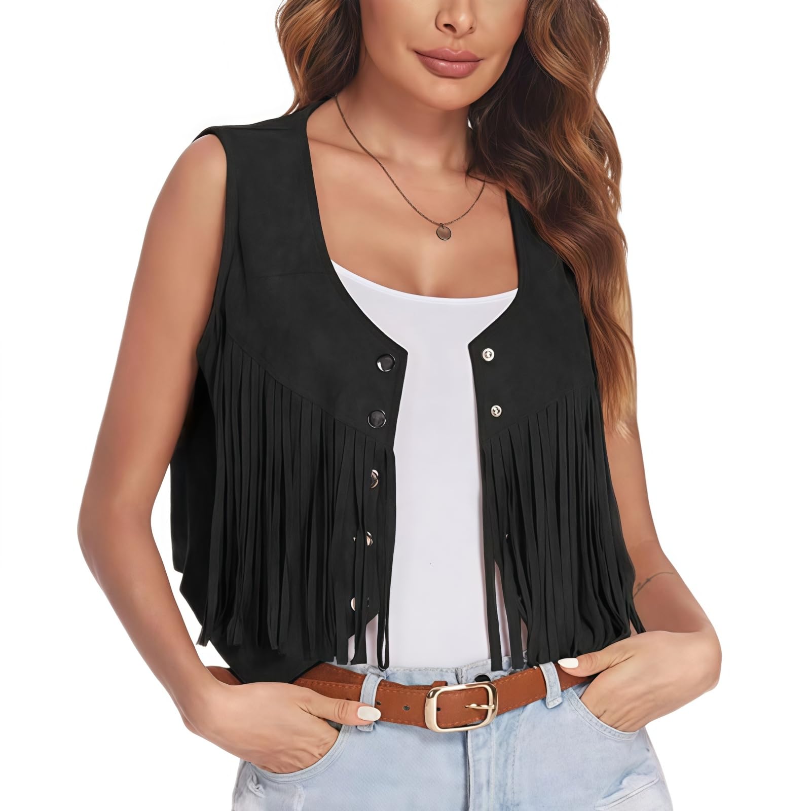 Sleeveless Fringed Jackets for Women, Faux Suede Sleeveless Fringe 70s Cowgirl Vest, Plain Casual Open Front Y2K Cardigan Tassel Waistcoat Gilets for Country Concert Western Fancy Dress Rodeo Costume