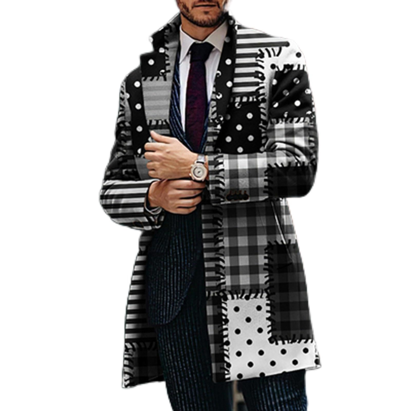 Fresqa Men's 01 Patchwork Retro Houndstooth Print Splicing Woolen Coat Casual Turn-Down Collar Button Jacket Autumn Winter Pocket Long Windbreaker Man
