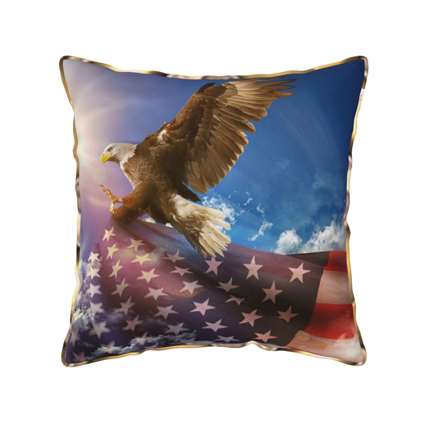 AUBKFELD American USA Flag Eagle Art Printed Velvet Cushion Cover 40x40 CM with Gold Edging Strip, Square Pillowcase Soft Throw Pillow Covers Case Decorative for Living Room Sofa Couch Bed Bench