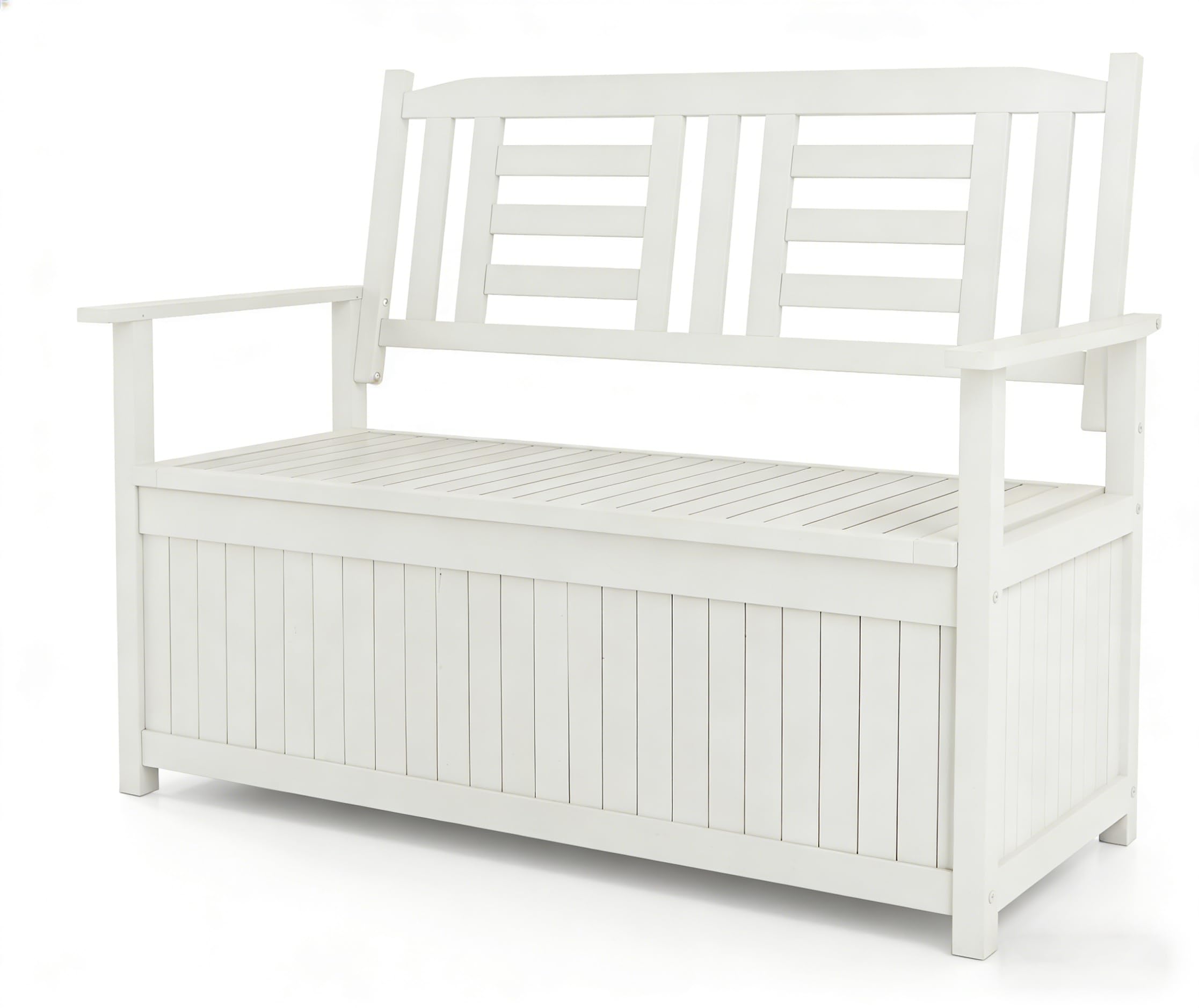KOMFOTTEU Banco Arcón de Jardín de 2 Plazas, Banco Exterior de Madera Maciza con Almacenamiento 185 L, Baúl Contenedor con Reposabrazos y Respaldo, Carga 250 kg, 123 x 68,5 x 96 cm (Blanco)