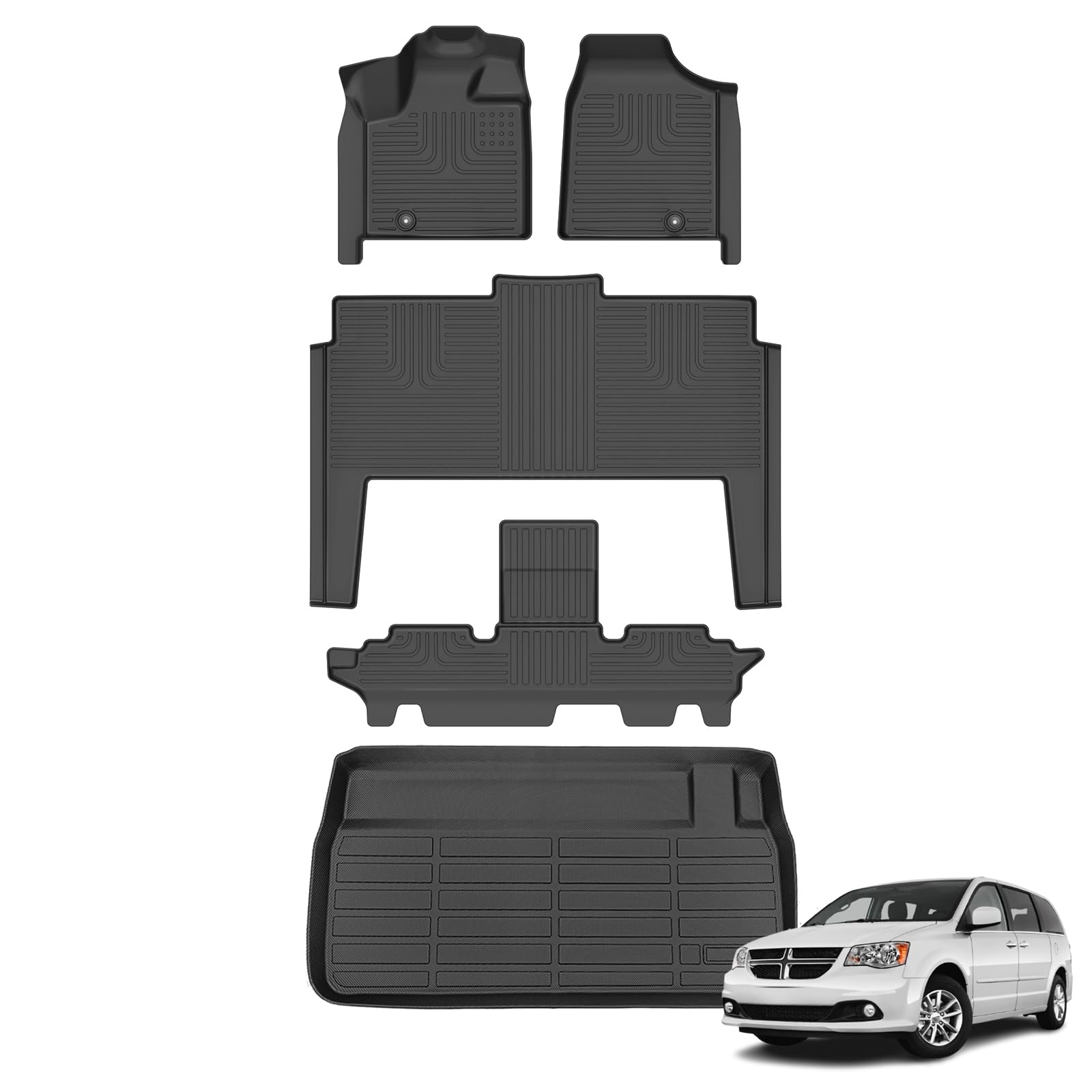 AZYT® Floor Mats &amp; Cargo Liner for 2011-2021 Dodge Grand Caravan 7 Seats All Weather Automotive Anti-Slip TPE Floor Liners Custom Waterproof Accessories