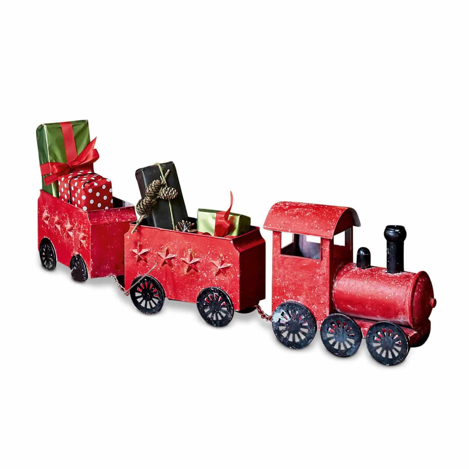 Loberon Deko-Zug Ayene, rot/schwarz | farbenfrohe Lok und Zwei Waggons, Vintage-Design, Weihnachtsfiguren, Weihnachtsdekoration, Weihnachten, Zinn