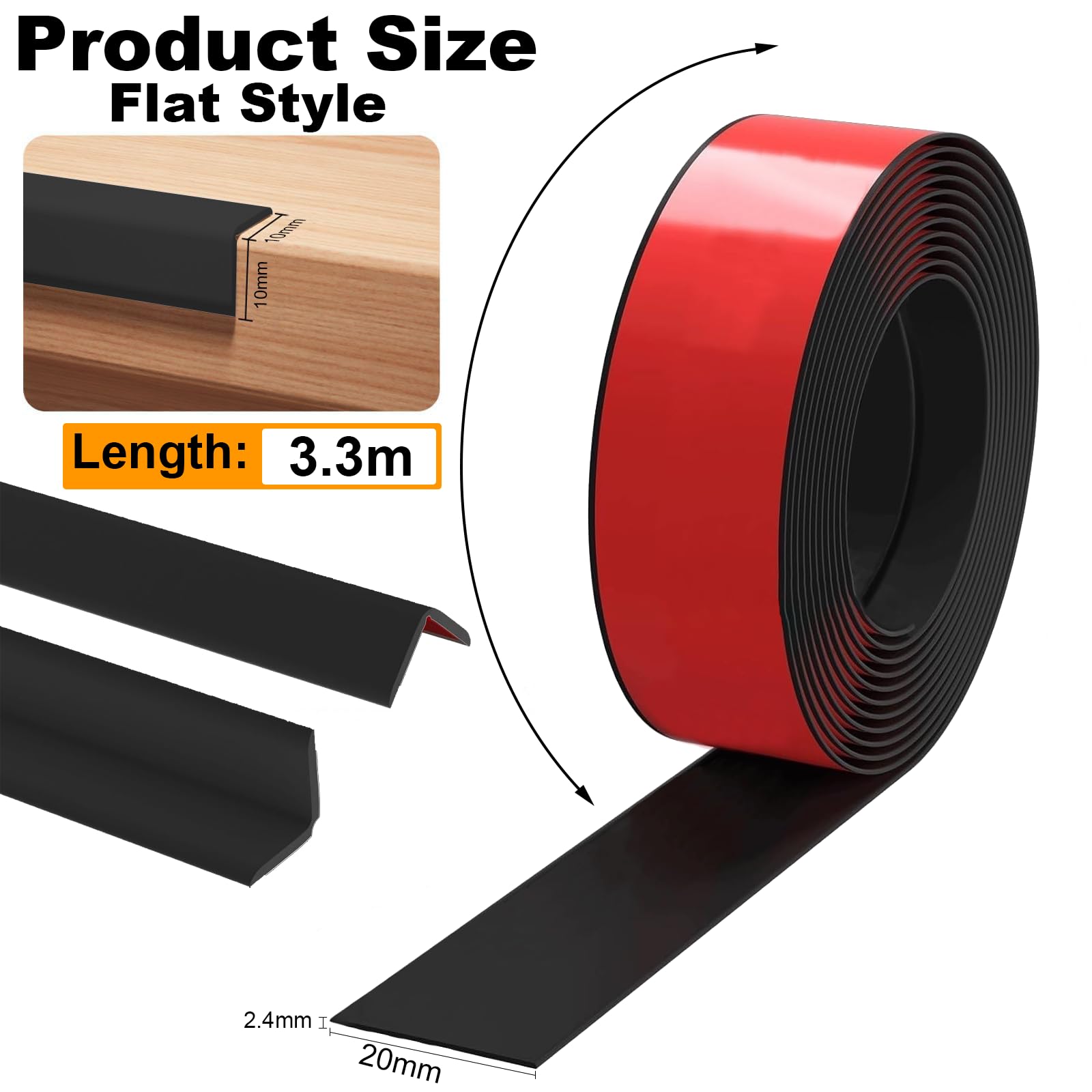 Protection Angle Mur Souple Autoadhésive 2cm x 3.3m, Protection Bord de Table Flexible, Etanche, Décorative, Bande de finition en PVC pour cuisine, salle de bain(Noir)