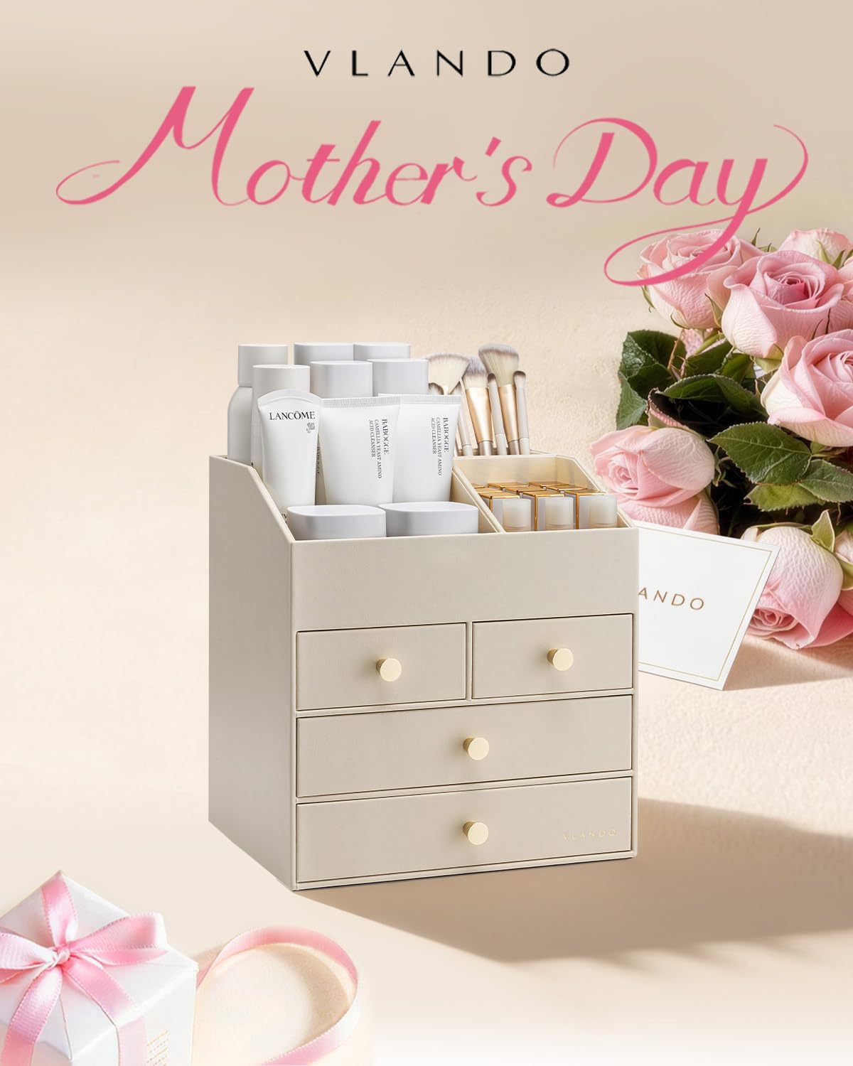 VLANDO Makeup Organizer Countertop,Large Vanity Organizer PU Leather Make up Storage with 4 Drawers Perfume Organizers Cosmetic Display Case for Lipstick,Brushes,Bedroom-Beige