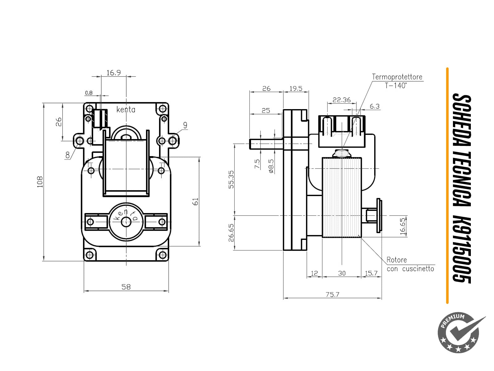 ERICAMBI, Motoriduttore K9115005 Kenta per Stufe a Pellet, Velocità 1,5rpm, Pacco Lamellare 30mm, Ø Albero 8,5mm, Senso di Rotazione Oraria, Spianatura Singola, Deville