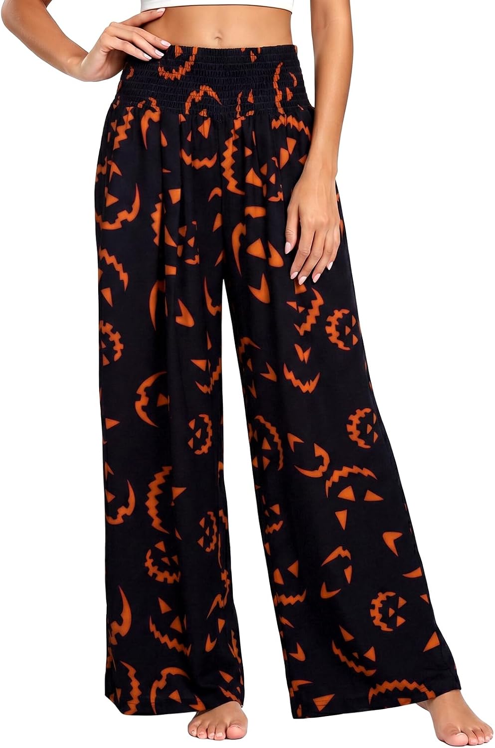 Women's Halloween Pajama Pants, Pumpkin Ghost Wide Leg Lounge Pants | Soft Polyester Pull-On Bottoms with An Elastic High-Rise Waist for Sleep, Lounging, Or Parties.