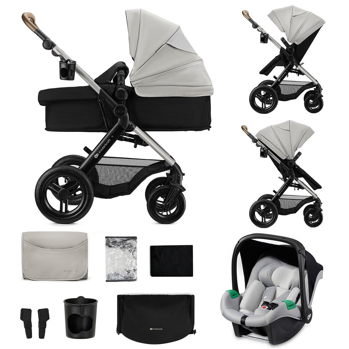 Kinderkraft MOOV XL 3 w 1, wózek dziecięcy do 27 kg, z siedziskiem I-SIZE 40-75 cm, składany, amortyzator, kabriolet, gondola XL z akcesoriami, jasnoszary