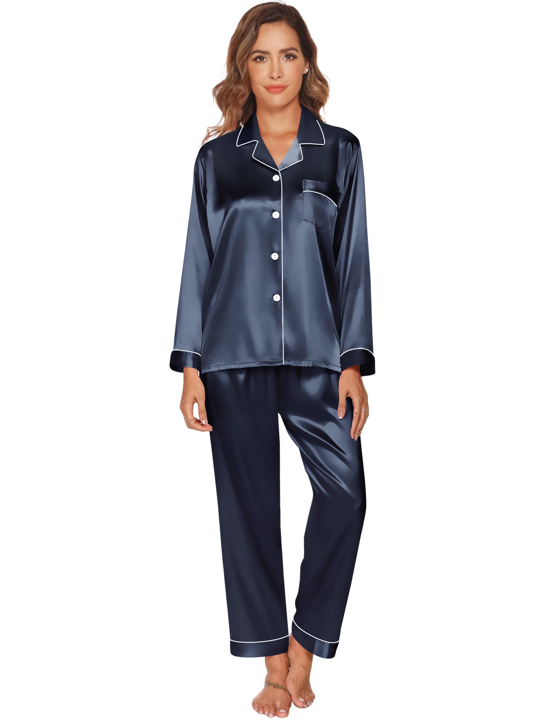 GAESHOW Pyjama Soie Femme Ensembles de Pyjama en Satin de Soie Manches Longues Vêtements de Nuit Femme pour Toutes Les Saisons