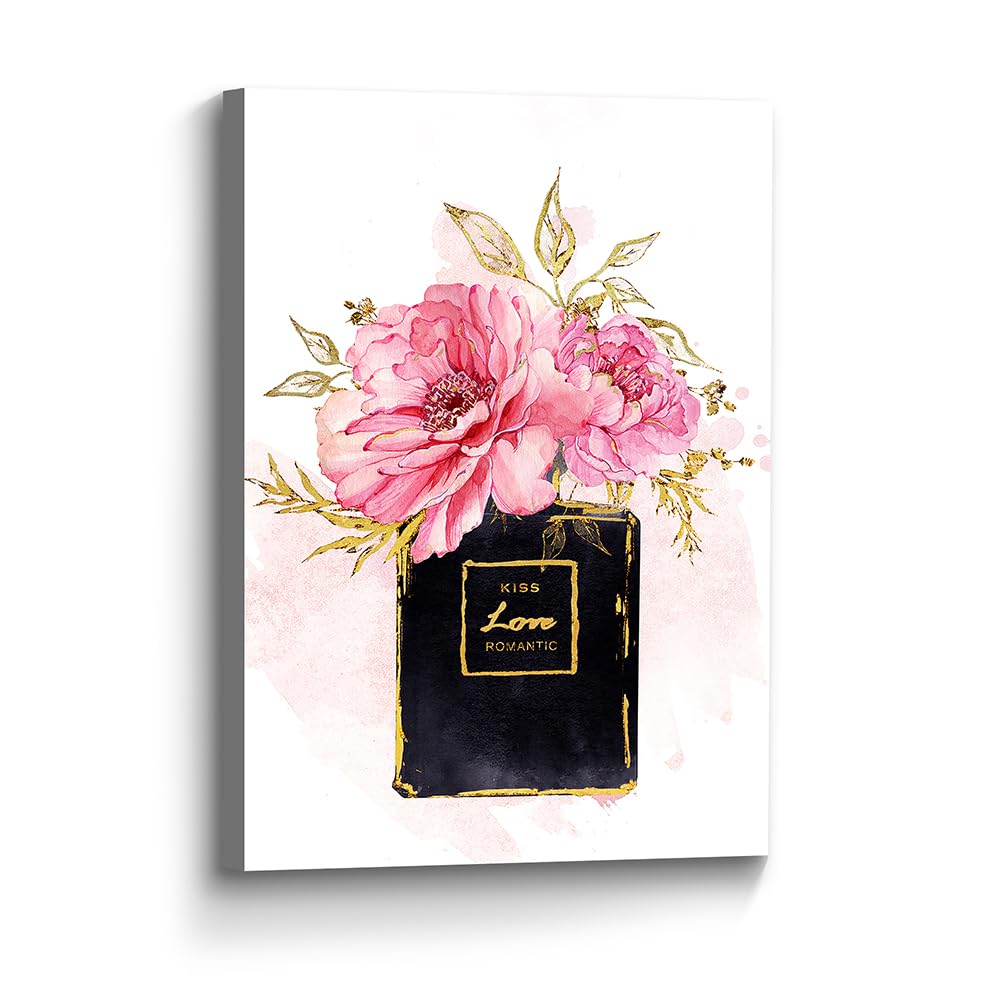 Color Play Perfume Fashion Canvas Wall Decor: Makeup Room Glam Pink Peony Flower in Black Gold Foil Bottle Vogue Painting Art Romantic Floral Picture