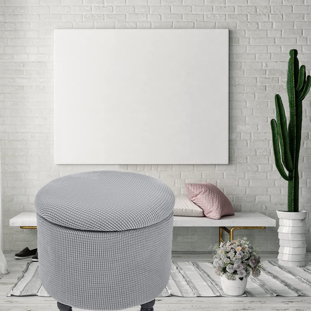 Andreannie Stretch Grey Jacquard Fabric Ottoman Slipcover Floding Storage Foot Stool Covers Soft Round Slipcover Removable Washable Furniture Protector for Home Decor (Grey)