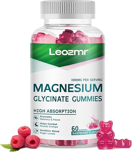 Gomitas de glicinato de magnesio de 1000 mg  Suplemento de magnesio y potasio sin azúcar con vitamina D, B6, CoQ10 para un estado de ánimo tranquilo