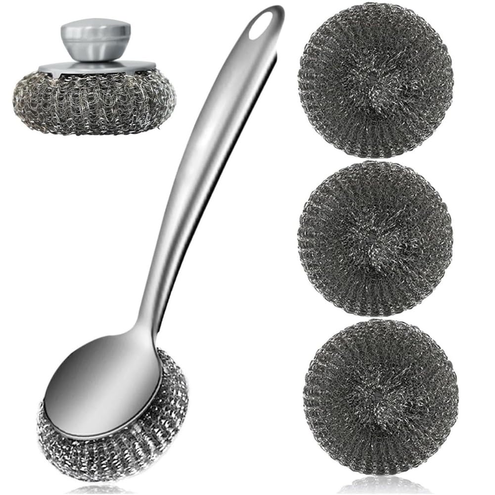 Veciado Steel Wool Scrubber Dish Brush with Handle, Deep Cleaning Metal Scrubber Set, Steel Scrubber for Dishes,Metal Scrubbers