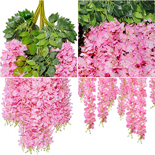 U'artlines 24 Pack (Total 86.4 Feet) Artificial Fake Wisteria Vine Rattan Hanging Garland Silk Flowers String Home Party Wedding Decor (24, Pink) #TOP2
