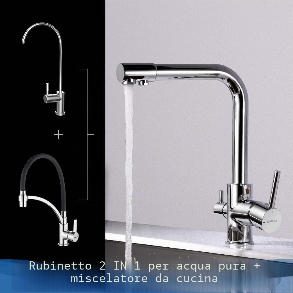 GRIFEMA DOVER-G4003 Rubinetto Cucina 3 Vie per Sistemi Osmosi, Miscelatore Cucina Tre Vie con Beccuccio Girevole a 360 ° (G3/8 Pollici), Cromo