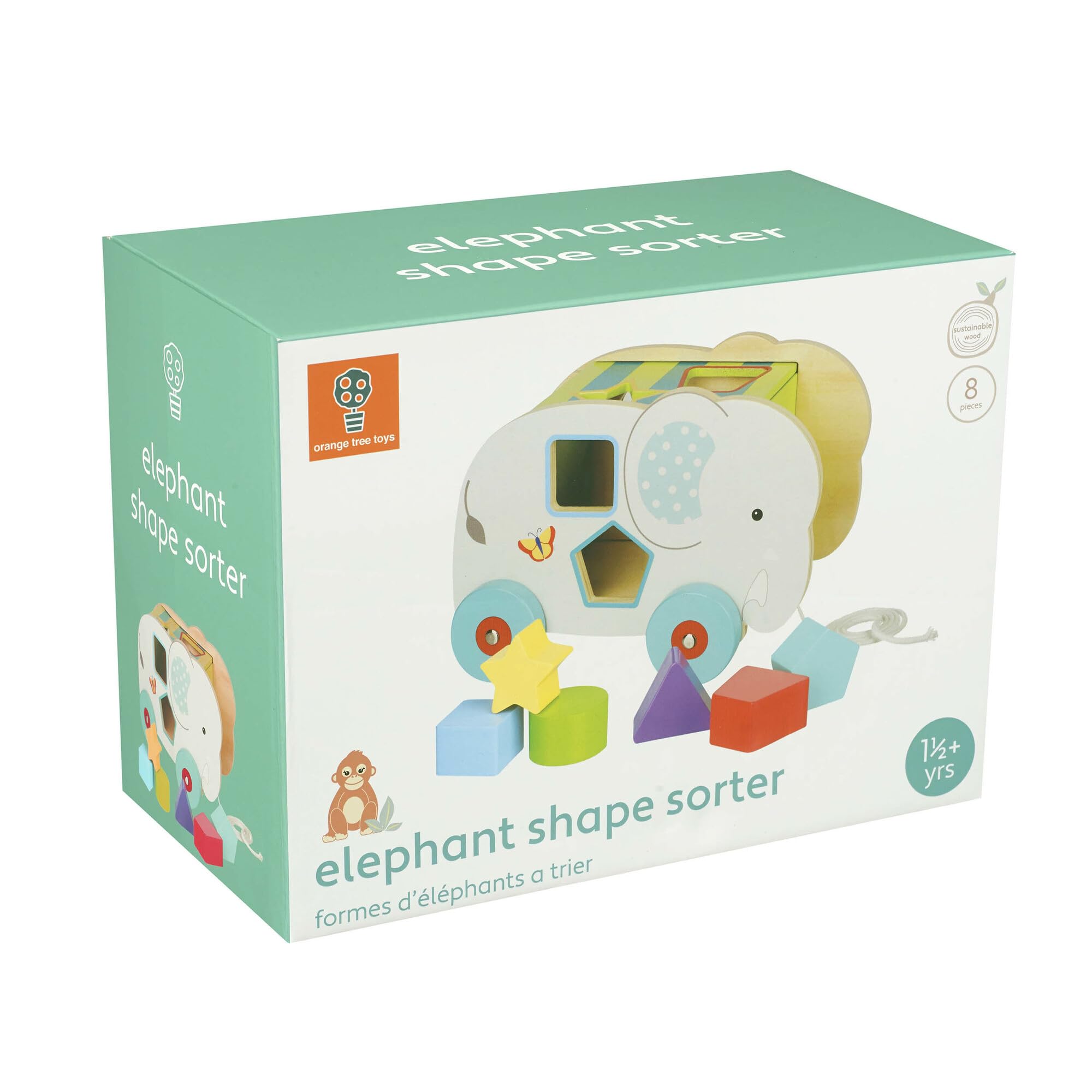 Orange Tree Toys: Shape Sorter: Jungle Elephant - Wooden Wheeled Animal Sorter, 6 Shape Blocks, Push-Pull-Sort, Educational Toy, Toddler & Kids Age 1+