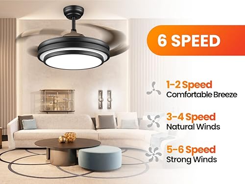 Miniatura 4 de Moderno ventilador de techo reversible negro de 36 x 20 pulgadas con luz LED regulable, 6 velocidades, control remoto, para dormitorio y sala de