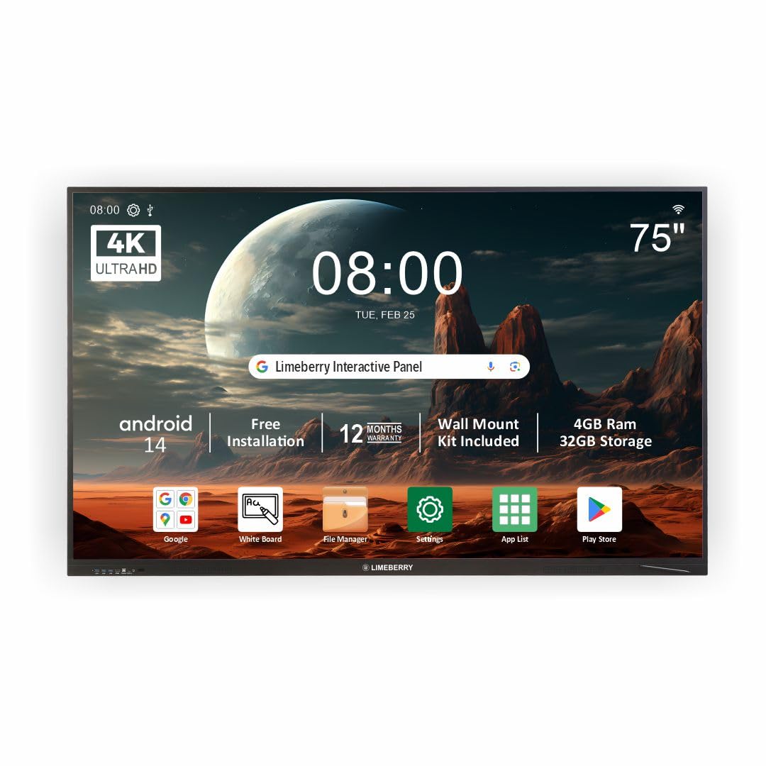 Limeberry 75" Interactive Flat Panel for Teaching, Classroom & Office Use | Digital Whiteboard | Android 13 | 4GB RAM, 32GB ROM | 20-Point Touch | Anti-Scratch Glass | HDMI, USB, Wi-Fi, Bluetooth