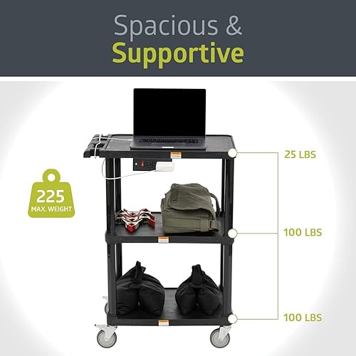 Miniatura 5 de Pearington Carrito de servicio móvil de 3 estantes con 3 salidas y cable de 8 pies, carrito de servicio resistente para oficinas y almacenes con 3