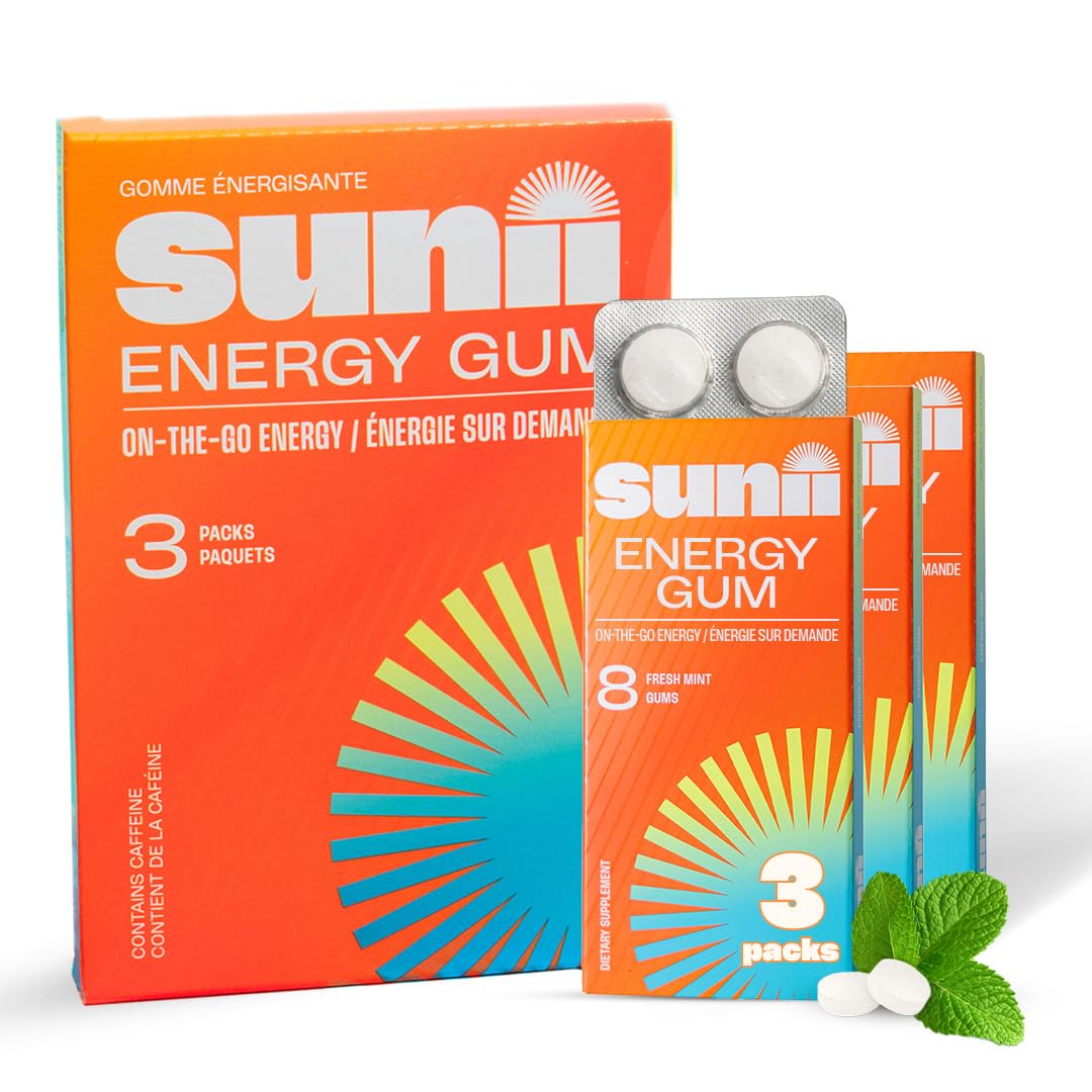 Sunii - Energy Gum - Quick Boost Energy & Focus - 50mg Caffeine Gum, Fresh Mint Taste - Vitamins B6 & B5, Taurine, Vegan, No Sugar, Zero Calorie, Faster than Chews, Drinks, Gels & Pills (24pcs)