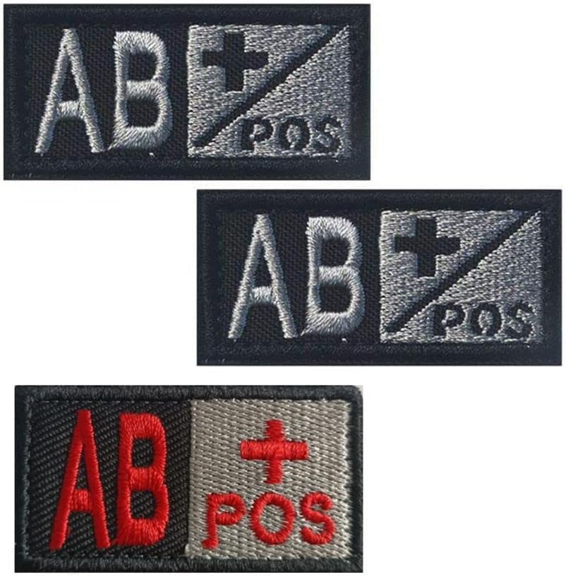 3pcs Hook and Loop Embroidery Tactical Blood Type Patches (Type AB Positive) 4 inch sew Patch