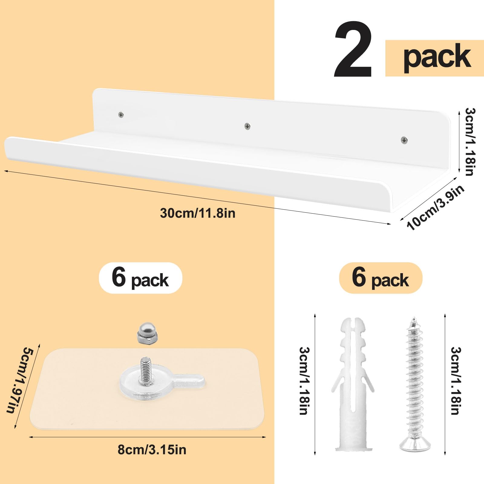 Lot De 2 étagères Murales, 30 X 10 X 4 Cm, En Acrylique, Transparentes