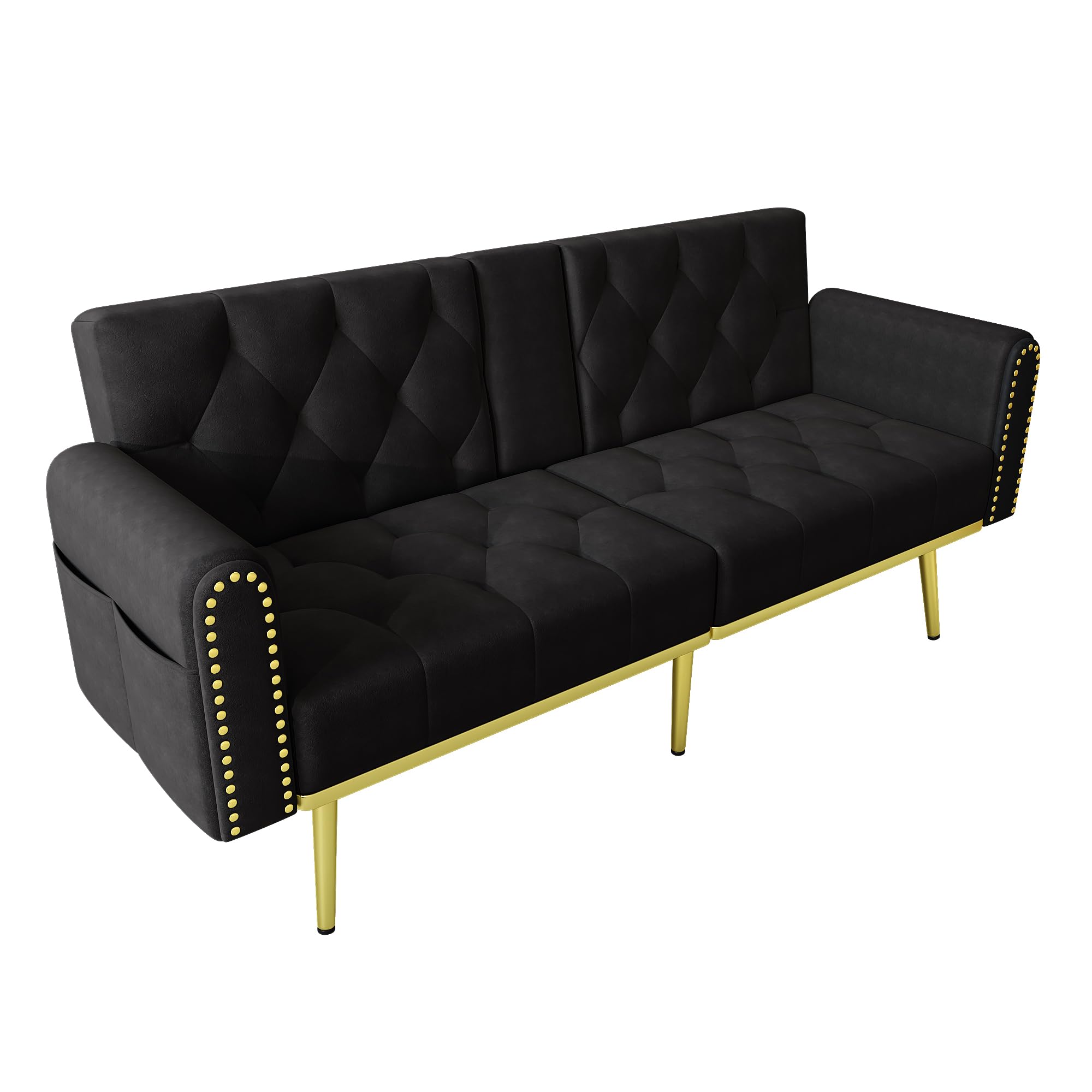 Sofá cama de 2 plazas con respaldo ajustable, moderno sofá tapizado con patas doradas, puertos USB, soporte para teléfono móvil, sofá plegable multifuncional para salón (negro)
