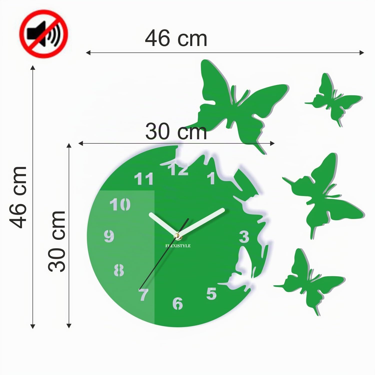 FLEXISTYLE Orologio da Parete Salotto Tondo Moderno Farfalle Specchio d'oro Decorativo Silenzioso 30 cm