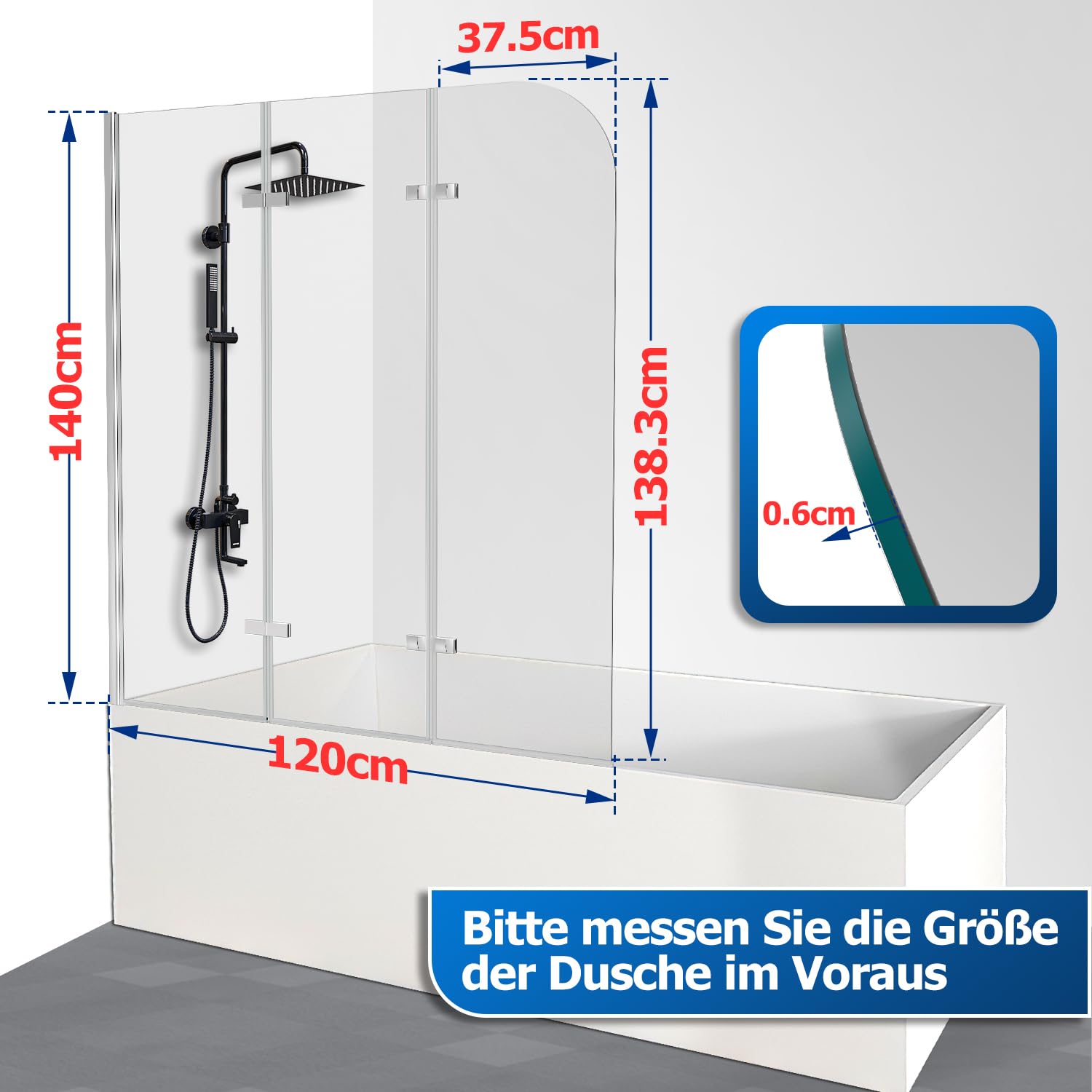 Mampara de ducha plegable para bañera, 120 x 140 cm, 3 piezas, cristal de seguridad de 6 mm, accesorio para bañera, color plateado transparente