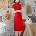 HongH Women's Floral Lace Embroidery Cheongsam Vintage Short Sleeve Side Slit Qipao Midi Dress Chinese Tradtional Costume 1920s Fashion (M, 102# Red)