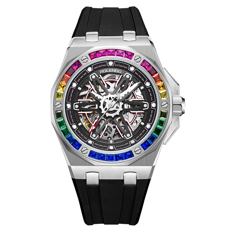 ROLENDO Reloj automático para hombre con diamantes de arco iris y esfera esquelética, caja de acero inoxidable y correa de silicona suave, luminoso, para uso diario, deporte y como regalo
