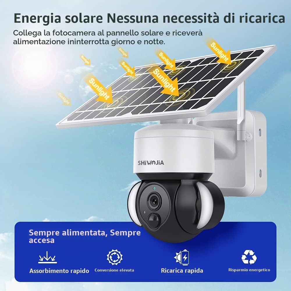 SHIWOJIA Telecamera Wi-fi Esterno con Pannello Solare, 2K PTZ 360° Videocamera Sorveglianza con Batterie da ricaricabile, PIR Rilevamento del movimento, Audio a 2vie, TUYA and Smart Life camera