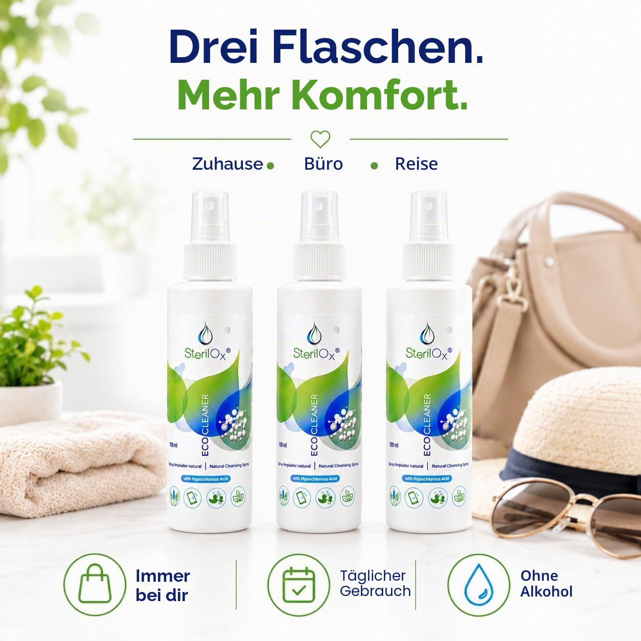 HOCl Spray für Hände, Haut & Zubehör 3x100ml – ohne Alkohol | HOCl Spray für Hände, Haut & Zubehör 3x100ml – ohne Alkohol & Parfüm