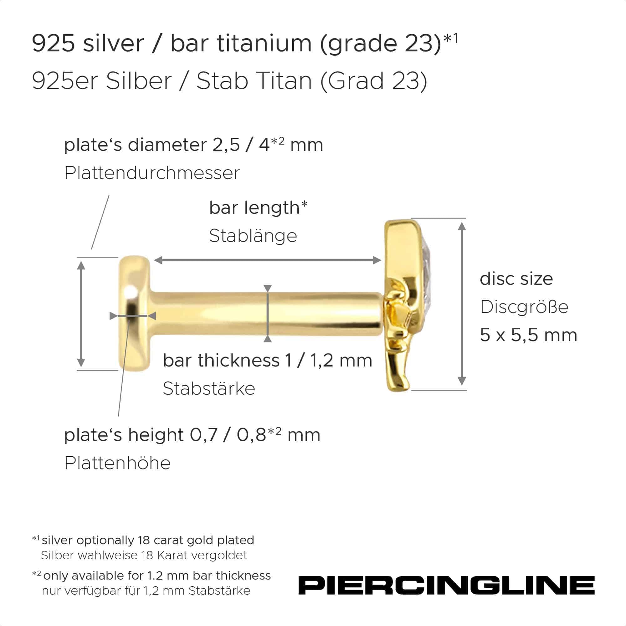 PIERCINGLINE Piercing Stecker Titan Labret mit Innengewinde + 925er Silber Aufsatz MOISSANIT-TROPFEN + SONNENSTRAHLEN - Goldfarben, Silberfarben