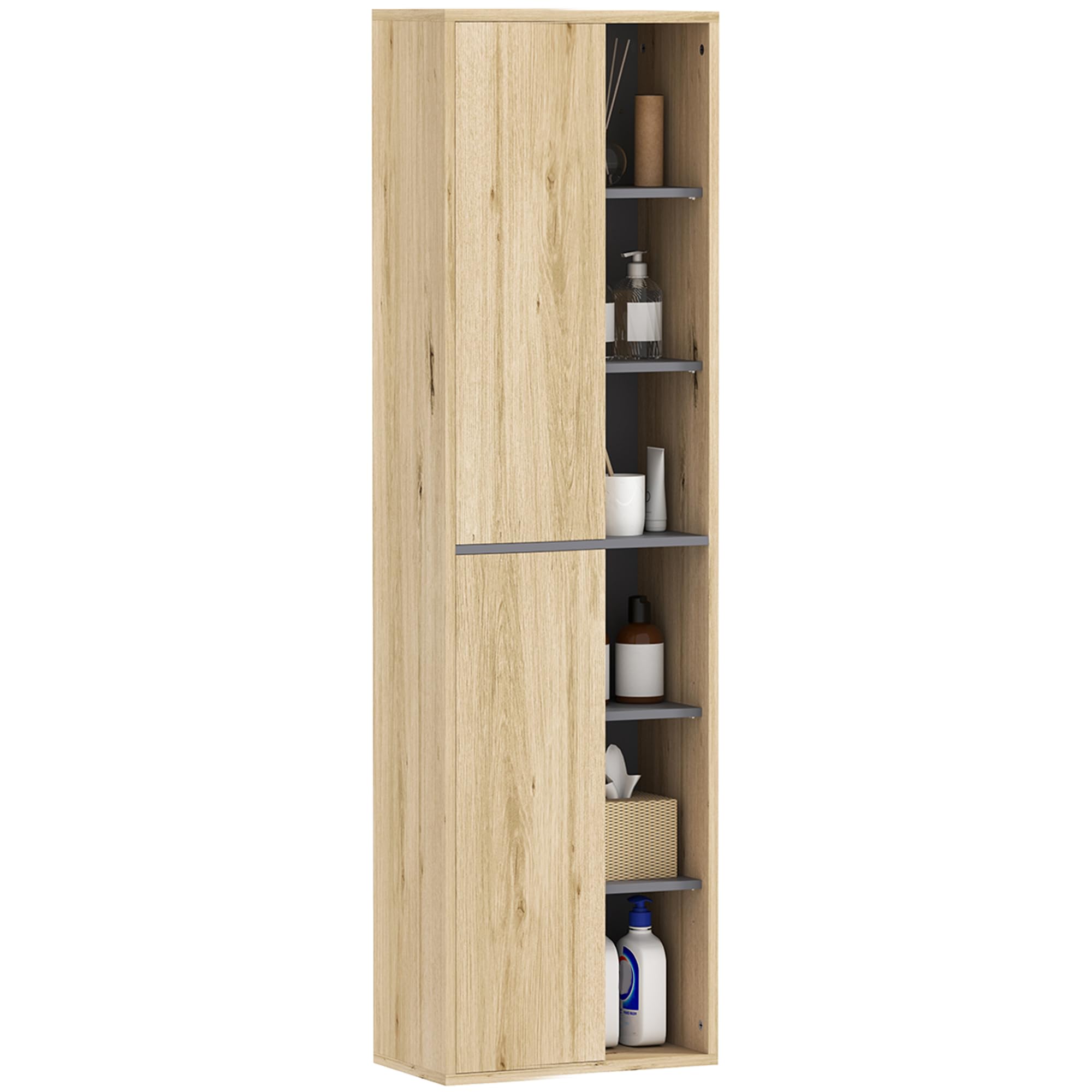 HOMCOM Columna de Baño de Pared Armario de Baño con Compartimentos Abiertos y 2 Puertas Mueble de Baño Moderno 40x24x141,5 cm Natural