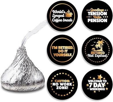 FujLoy Black Golden Happy Retirement Sticker 5 Sheet of 270-6 Design Self Adhesive Circle Label Stickers, Retirement Party Favors. Black Golden Happy Retirement 066, 0.75
