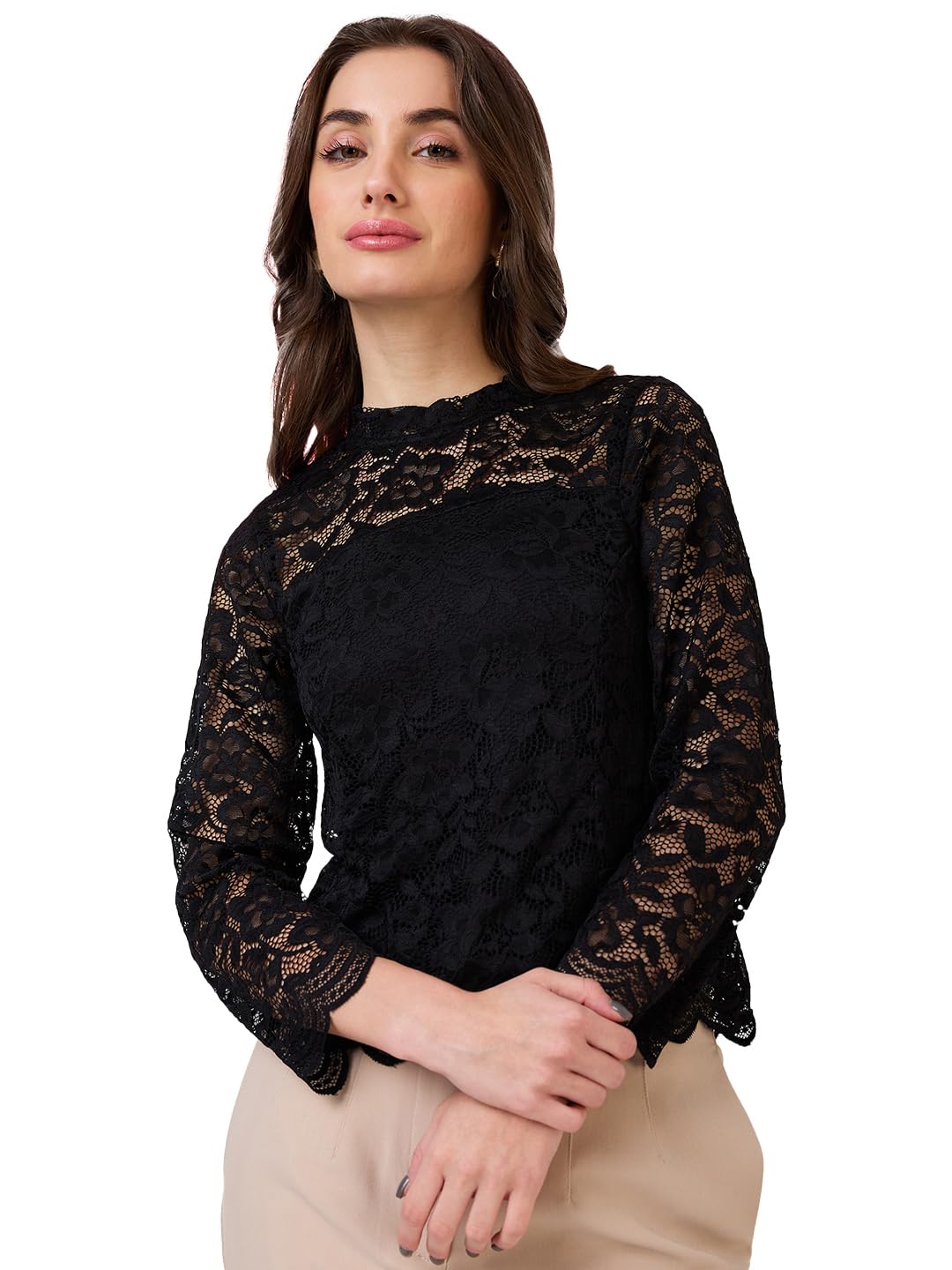 Globus Women Self Design High Neck Floral Lace Scalloped Hem Party Top-image-30