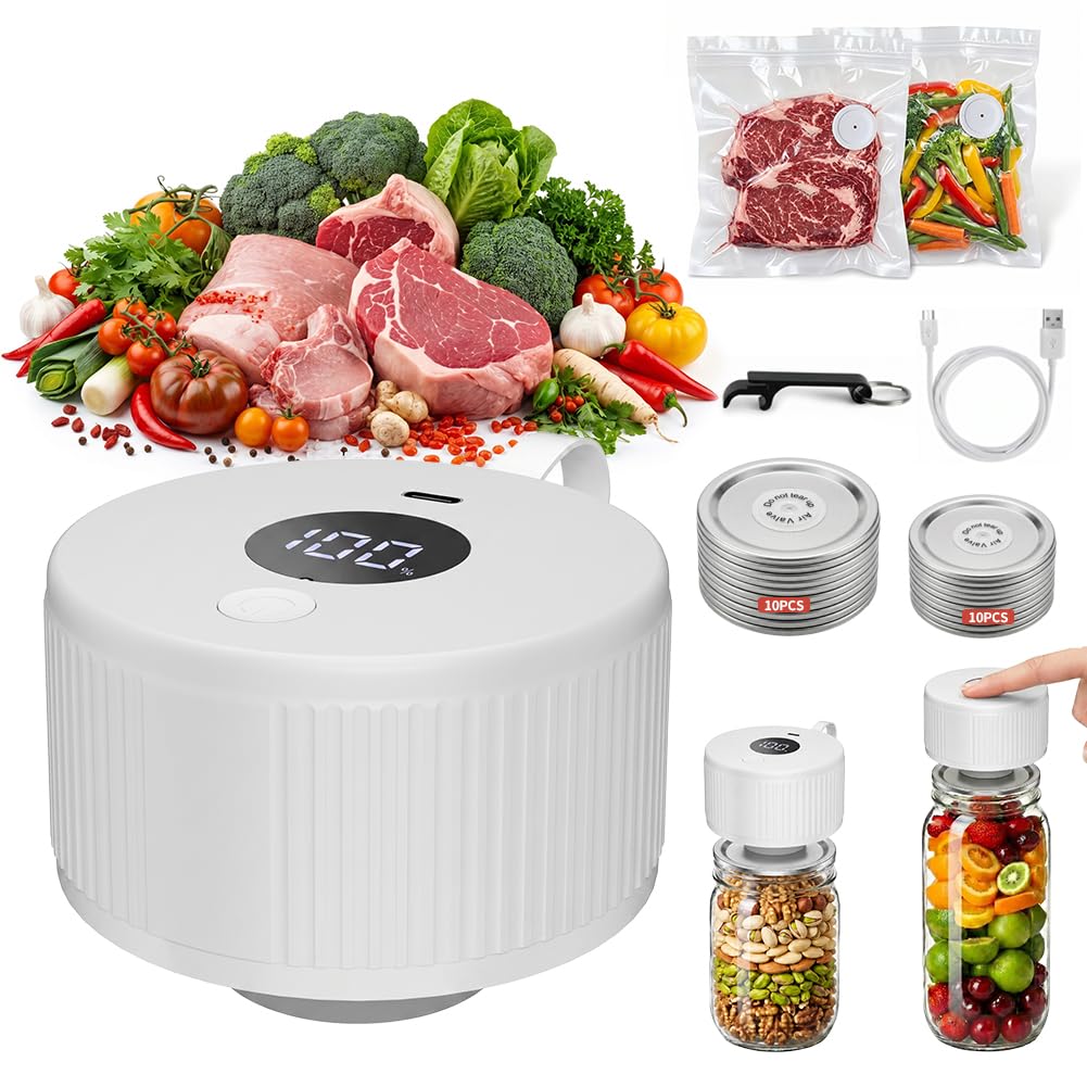 Vakuumierer für Gläser, Elektrischer Vakuumierer mit LCD Anzeige, Mini Tragbarer Mason Jar Vakuum Sealer Kabellos mit Weithals und Standardöffnung sowie für Vakuumbeutel, Weiß