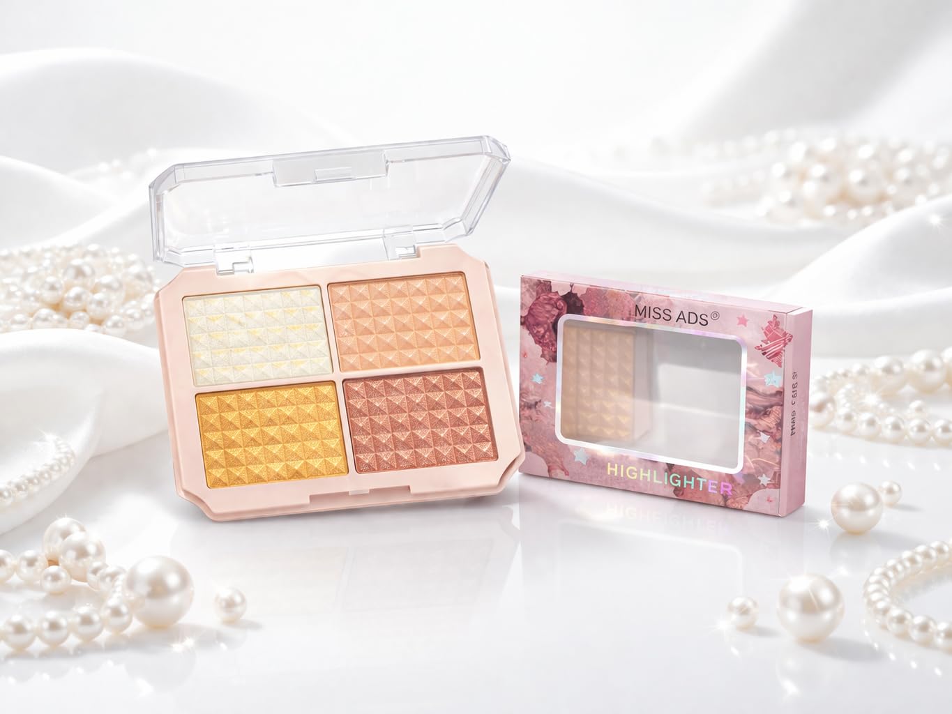 Highlighter Palette, 4 Shades, Golden and Rose Tones, Shimmer Finish, Compact with Mirror-image-49